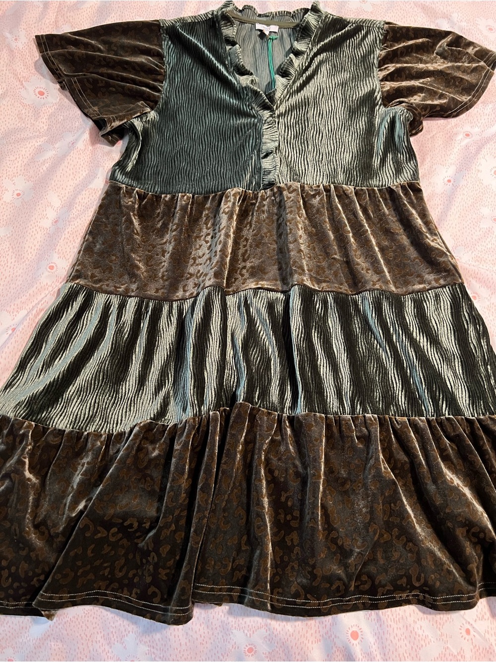 NWT VOY Velvet Tiered Short Sleeve Dress in Olive Green and Brown Leopard Small
